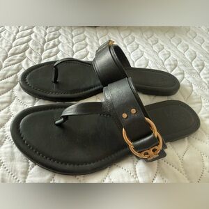 Black Leather Toe-Ring Slide Sandals with Gold Buckle